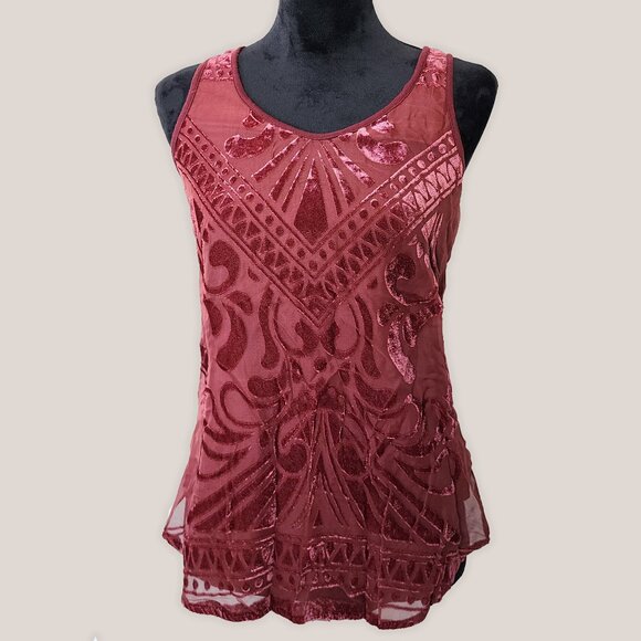 MOSSIMO Burgundy Burnout Velvet Tank Top V Neck Sleeveless Blouse Shirt - Picture 1 of 9
